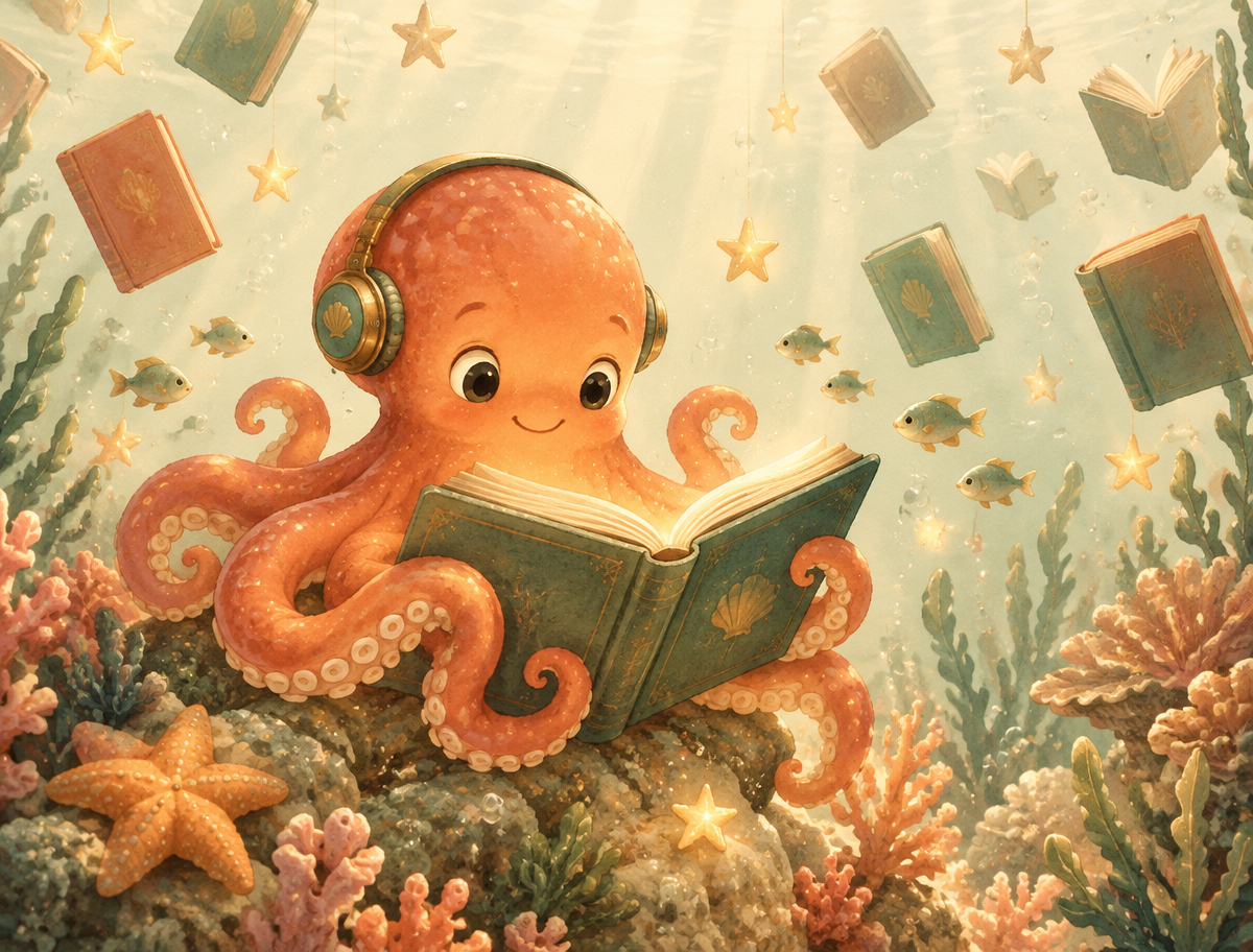 Manny, a friendly octopus wearing headphones, reading a glowing storybook on a coral reef beneath drifting stars